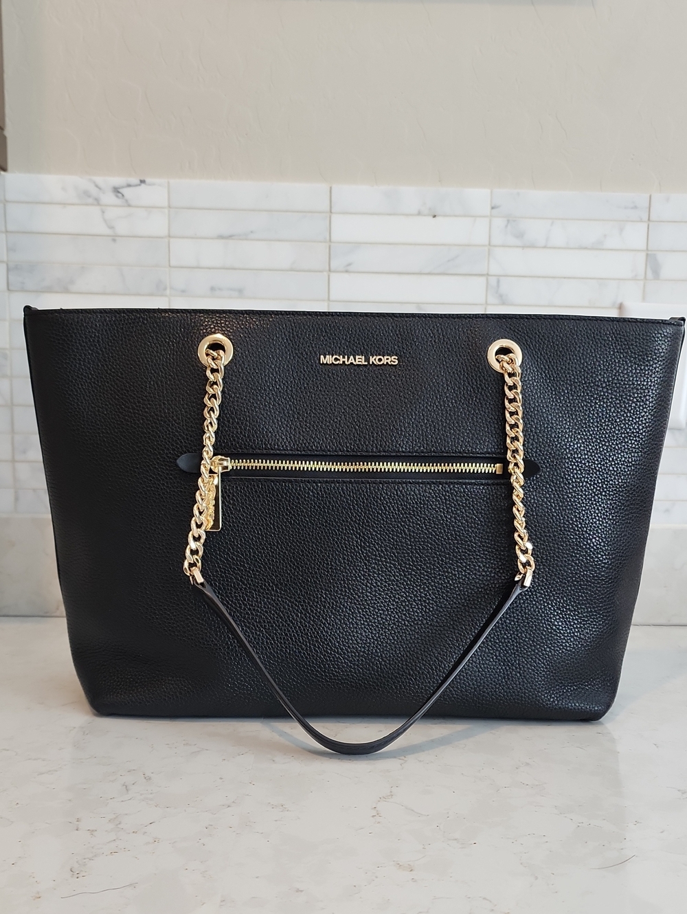 Michael Kors Black Pebbled Leather Tote with Gold Chain Straps